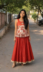Viscose Tissue Silk Gown with Kalamkari Mirror Coat - Side View | Women Fashion India