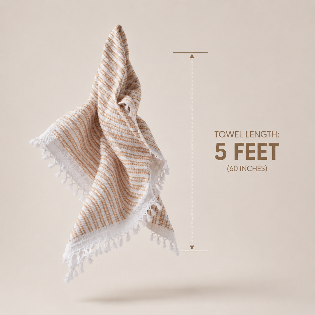 Towel with tassels and measurement text on a beige background