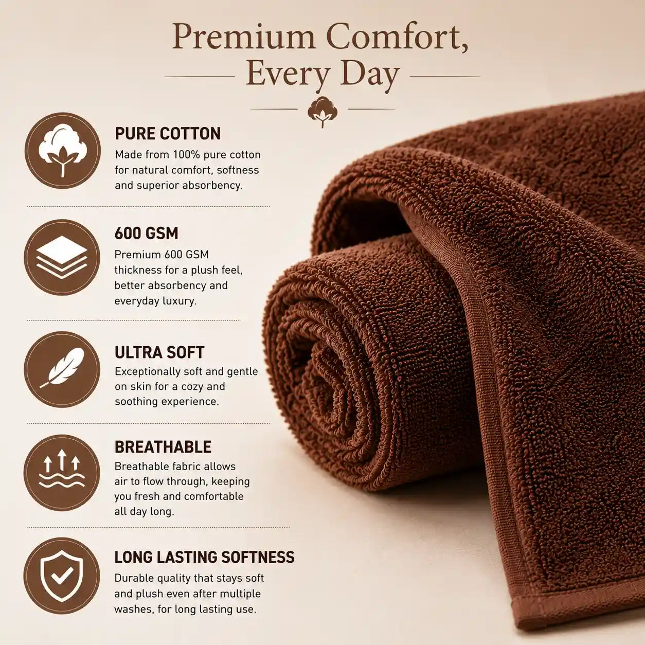 Brown towel with premium comfort features listed on a beige background