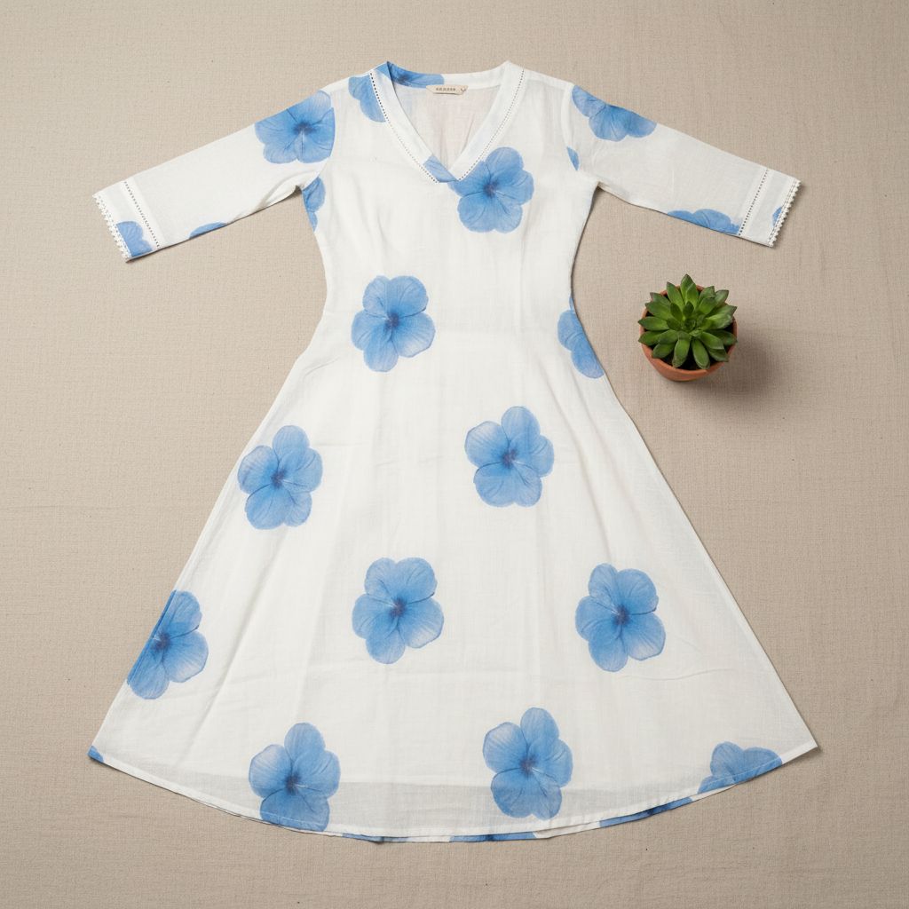 White dress with blue floral patterns on a beige background