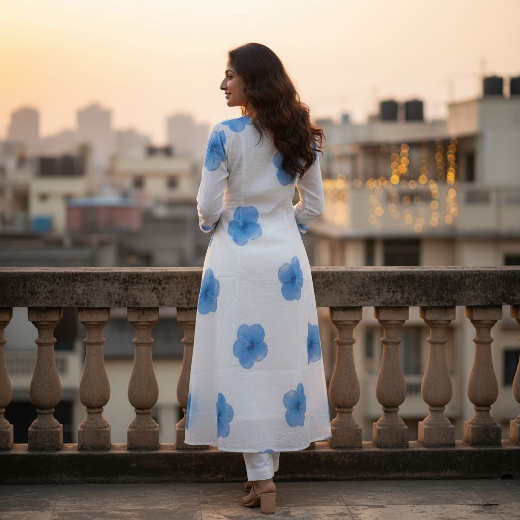 Woman in a white dress with blue floral patterns standing on a balcony overlooking a cityscape at sunset.