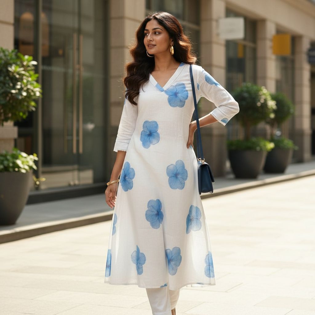 Women blue floral midi dress lifestyle – TRESSNY