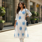Women blue floral midi dress lifestyle – TRESSNY