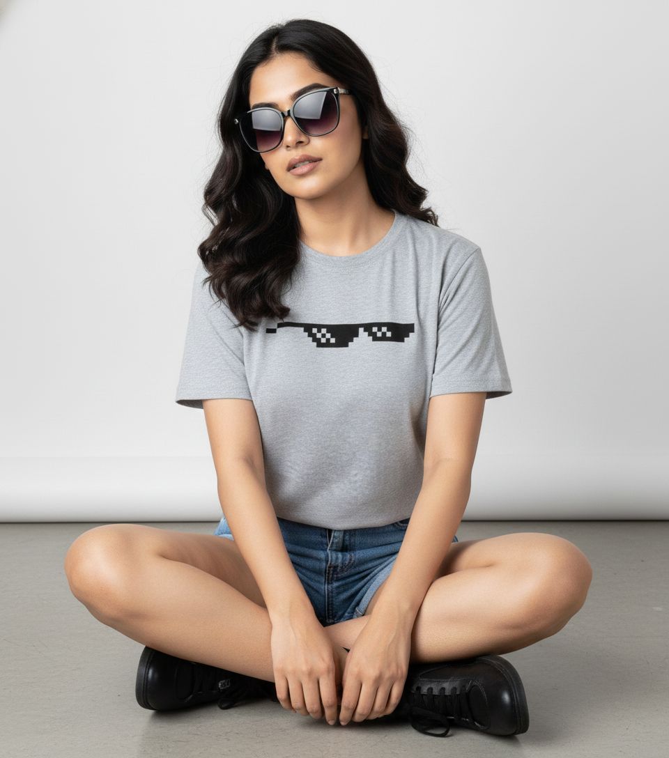 Woman wearing a gray t-shirt with a graphic design, sitting on the floor against a plain background.