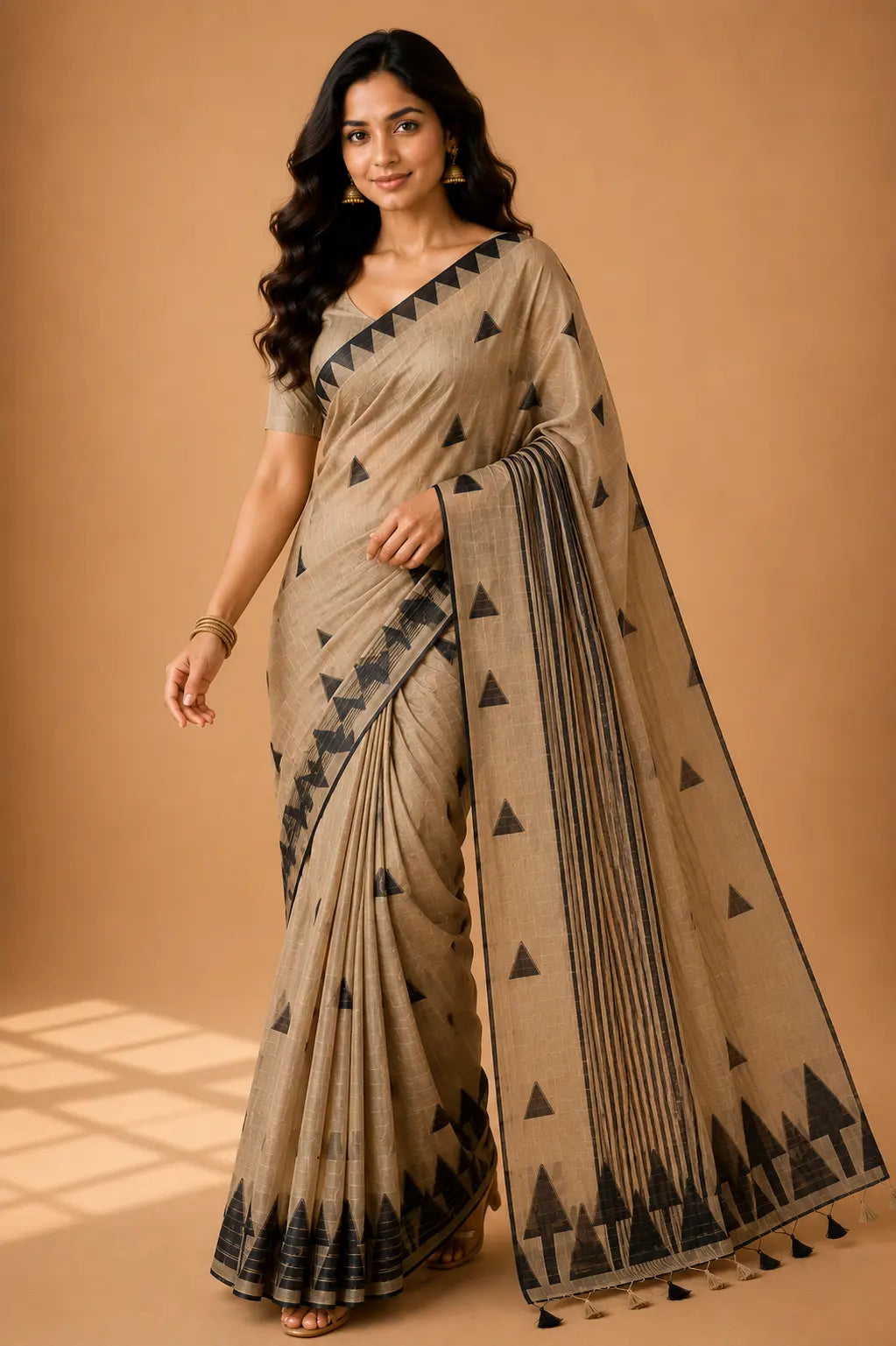 Woman wearing a beige Tribal Tree Motif linen cotton saree with black tribal print and striped pallu