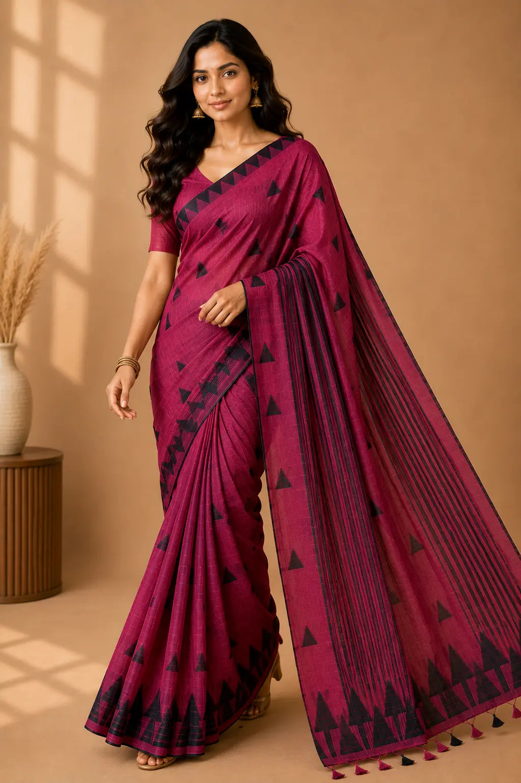 Tribal tree motif linen cotton saree magenta – TRESSNY