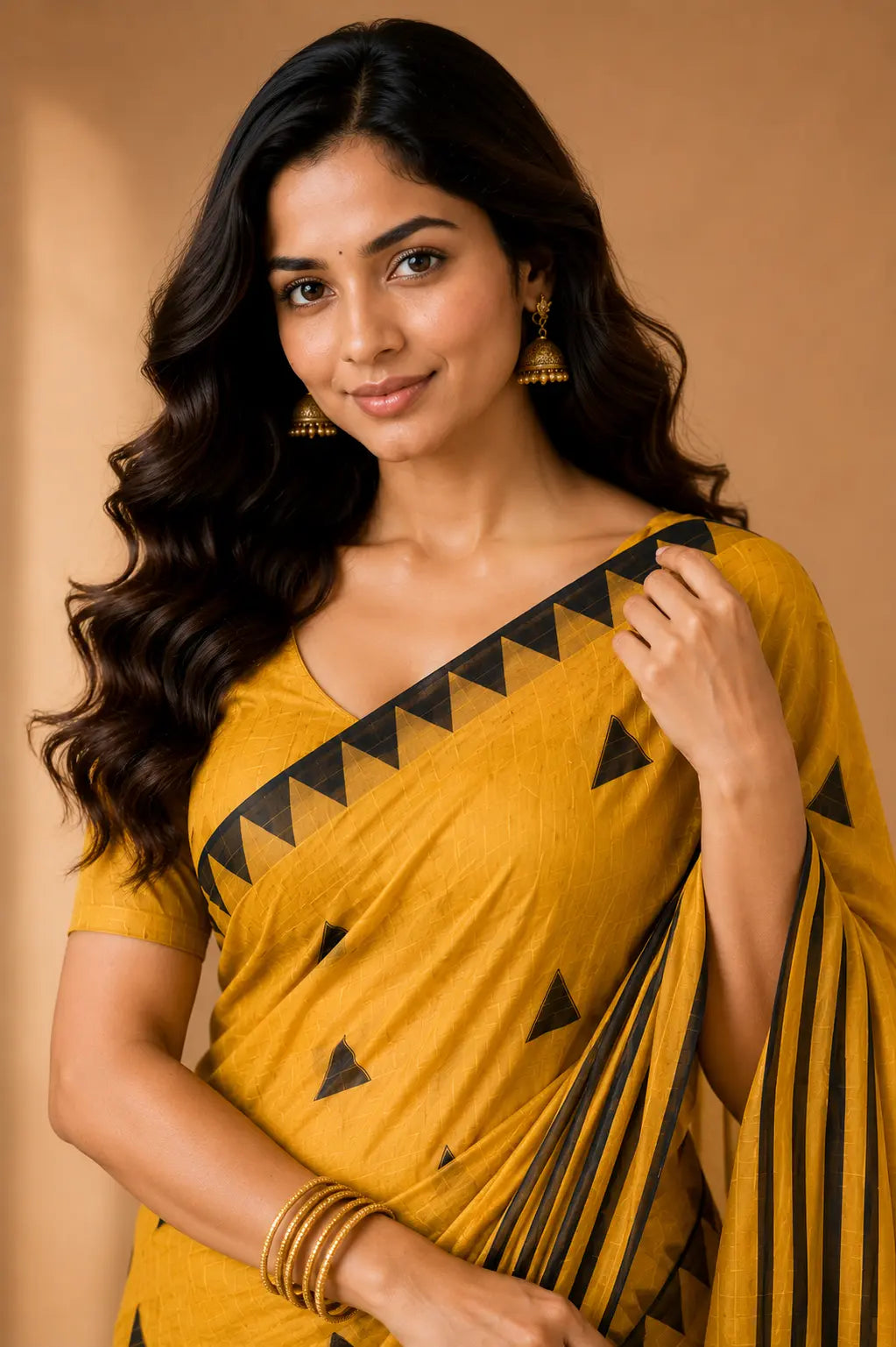 Tribal tree motif linen cotton saree mustard close-up – TRESSNY