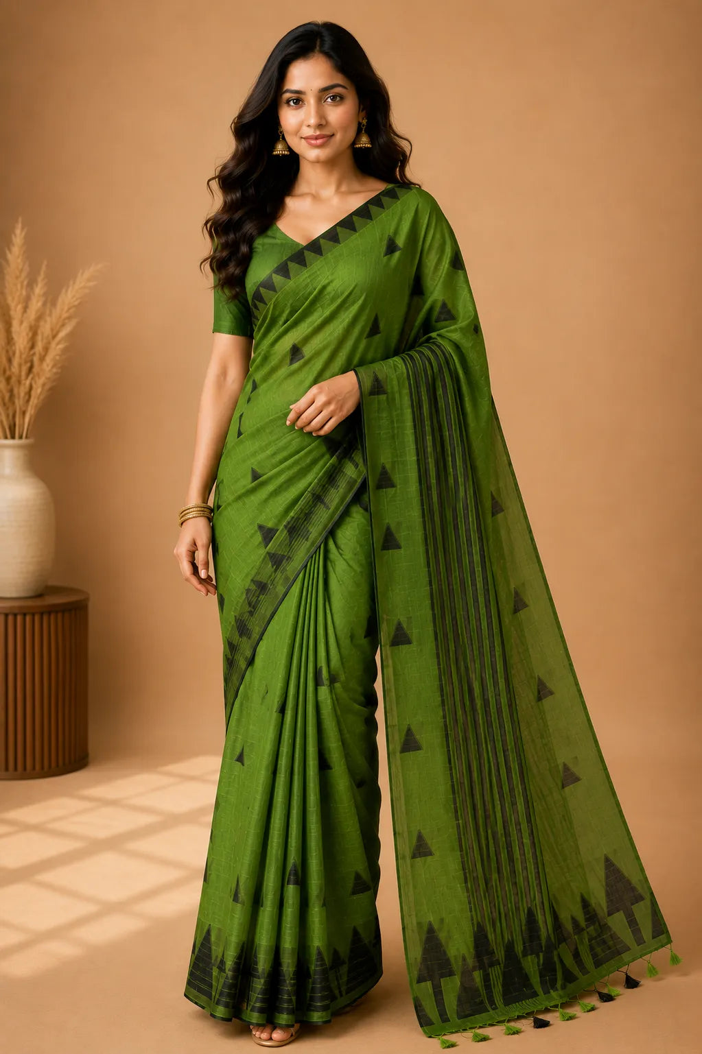 Tribal tree motif linen cotton saree olive green alternate front – TRESSNY