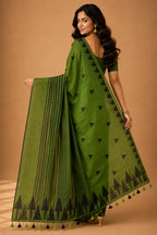 Tribal tree motif linen cotton saree olive green back view – TRESSNY