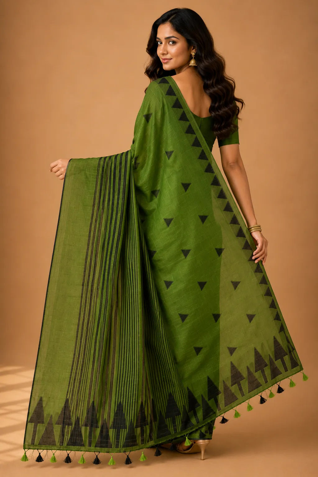 Tribal tree motif linen cotton saree olive green back view – TRESSNY
