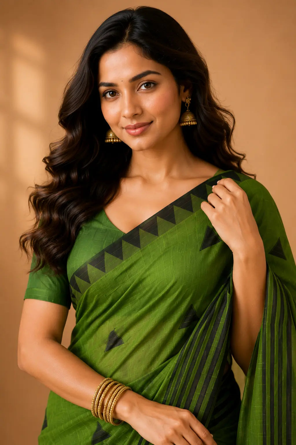 Tribal tree motif linen cotton saree olive green close-up – TRESSNY