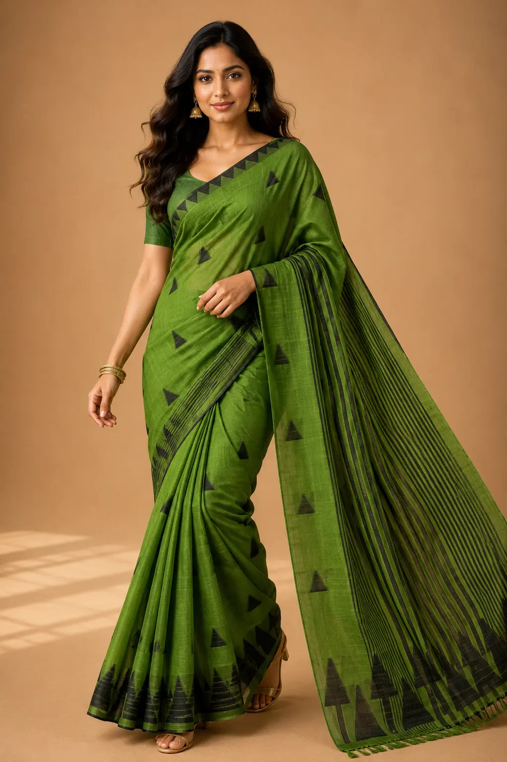 Tribal tree motif linen cotton saree olive green front view – TRESSNY