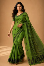 Tribal tree motif linen cotton saree olive green front view – TRESSNY