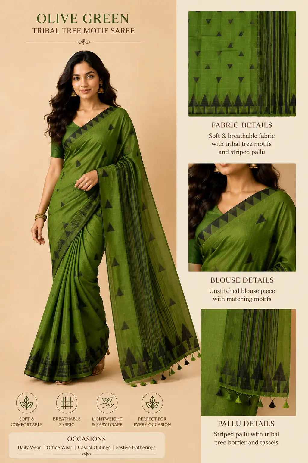 Tribal tree motif linen cotton saree olive green infographic – TRESSNY