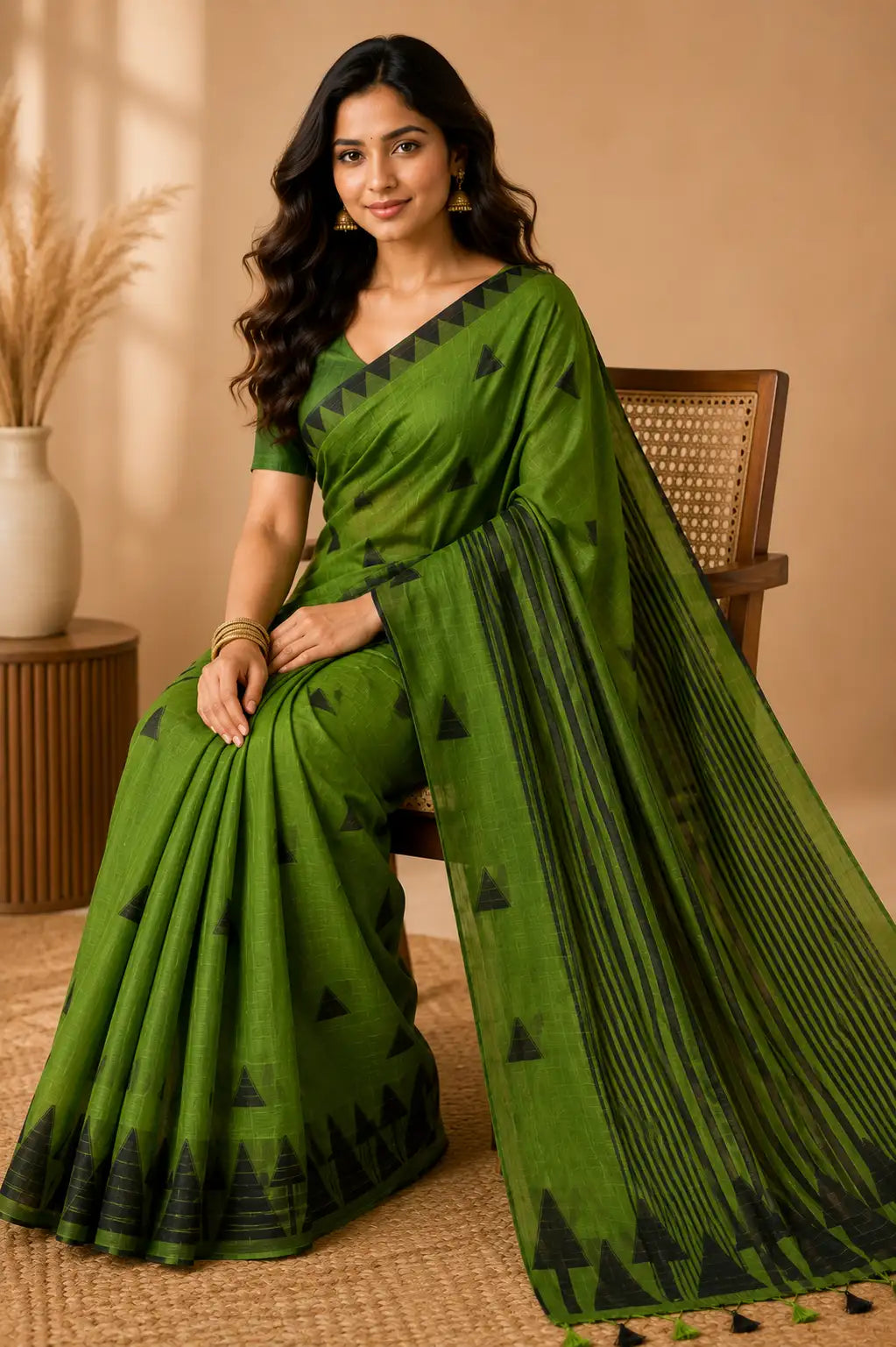 Tribal tree motif linen cotton saree olive green seated view – TRESSNY