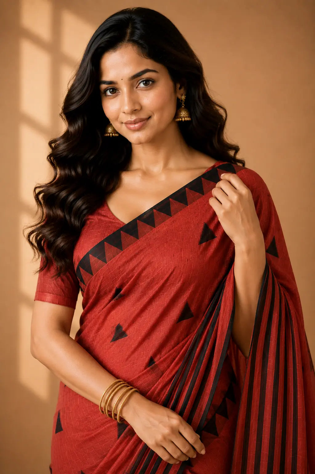Tribal tree motif linen cotton saree rust red close-up – TRESSNY