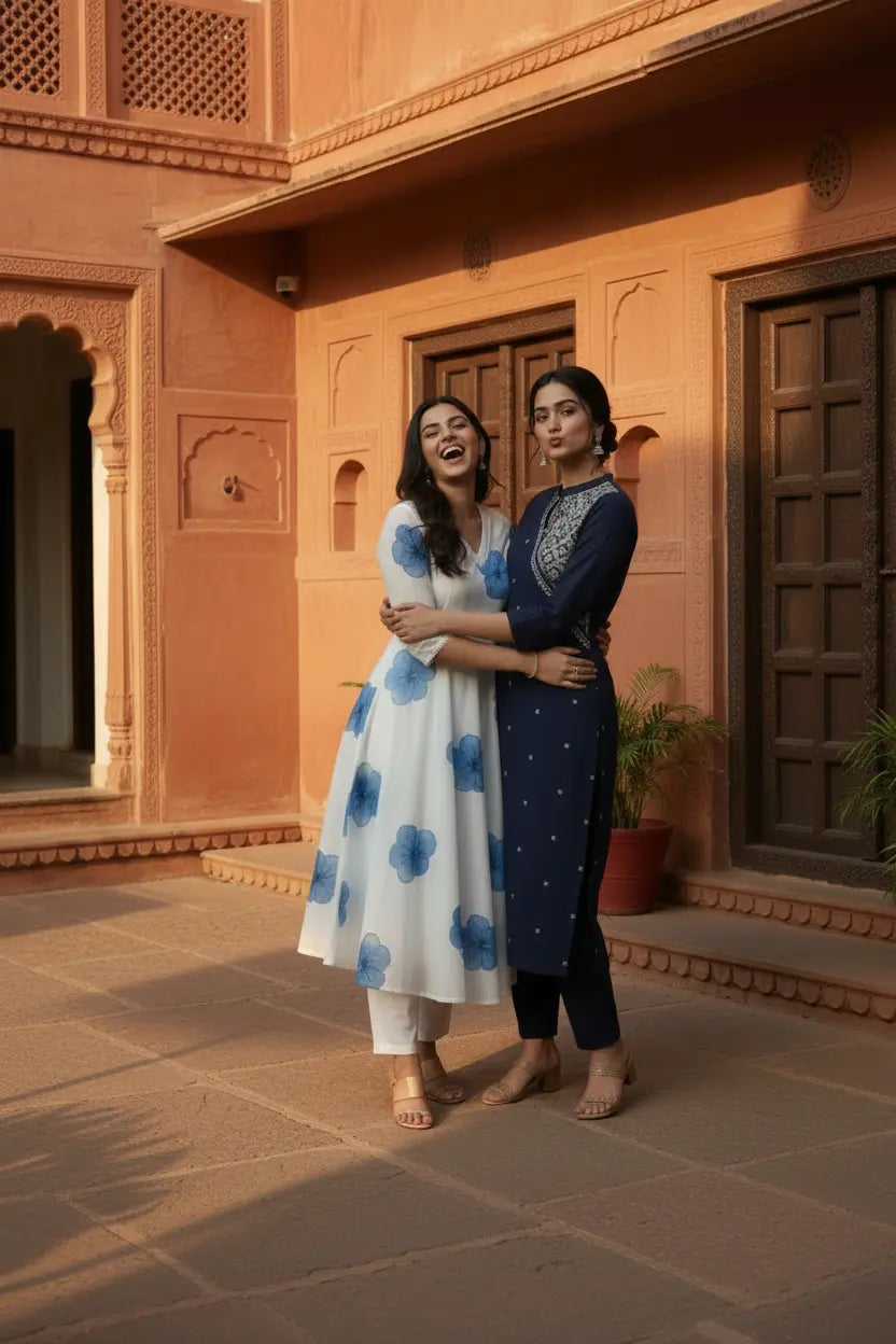 Two Indian women laughing together wearing TressNY kurthas in front of a traditional building