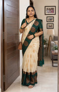 Cream Green Silk Cotton Saree with Gold Zari Border - Border Closeup | Women Fashion India