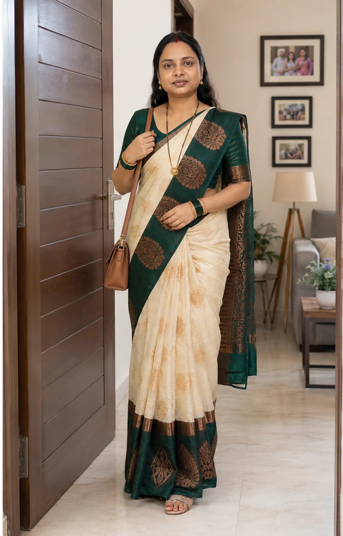 Cream Green Silk Cotton Saree with Gold Zari Border - Border Closeup | Women Fashion India
