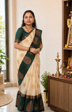 Cream Green Silk Cotton Saree with Gold Zari Border - Front Drape | Women Fashion India