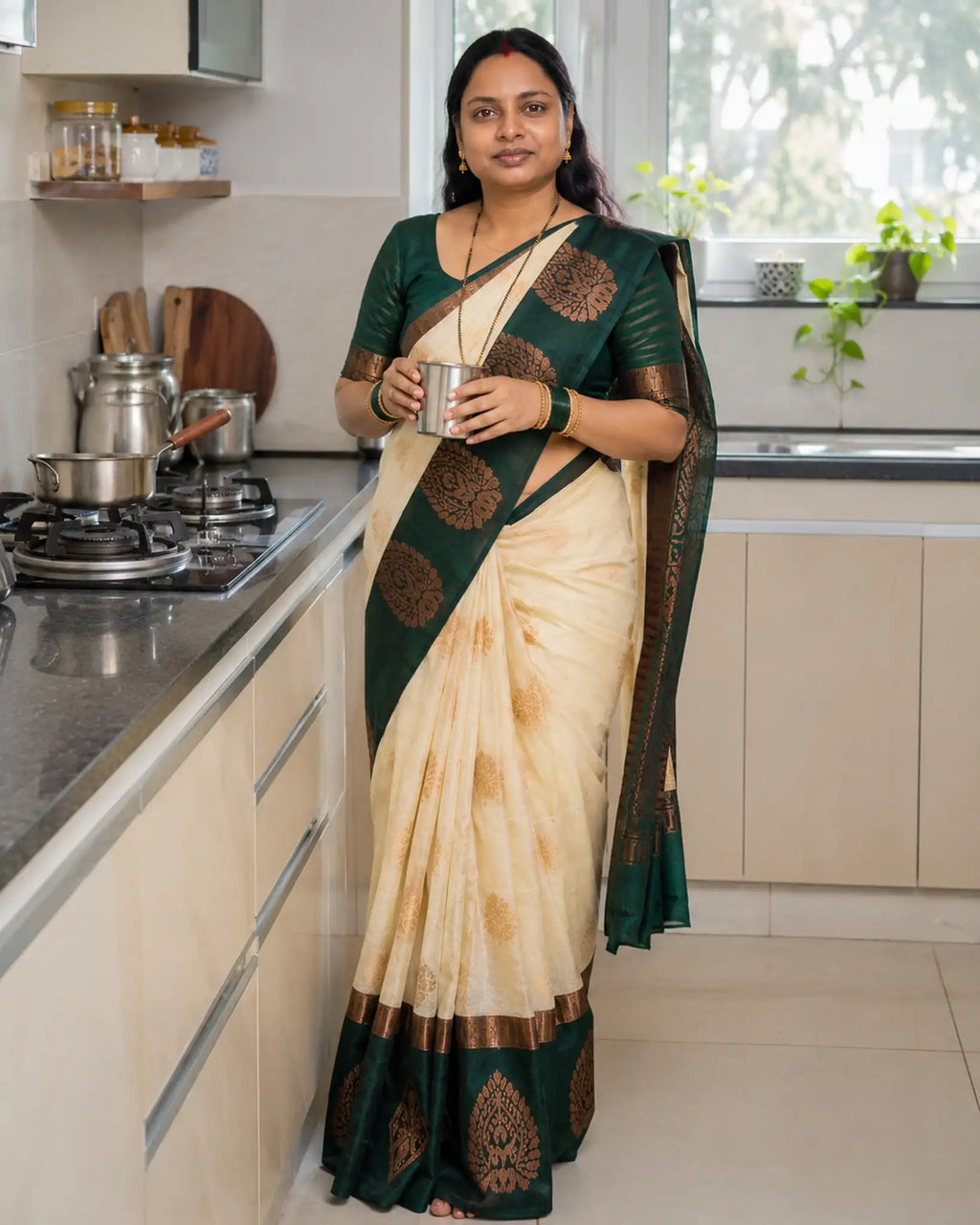 Cream Green Silk Cotton Saree with Gold Zari Border - Pallu Detail | Women Fashion India