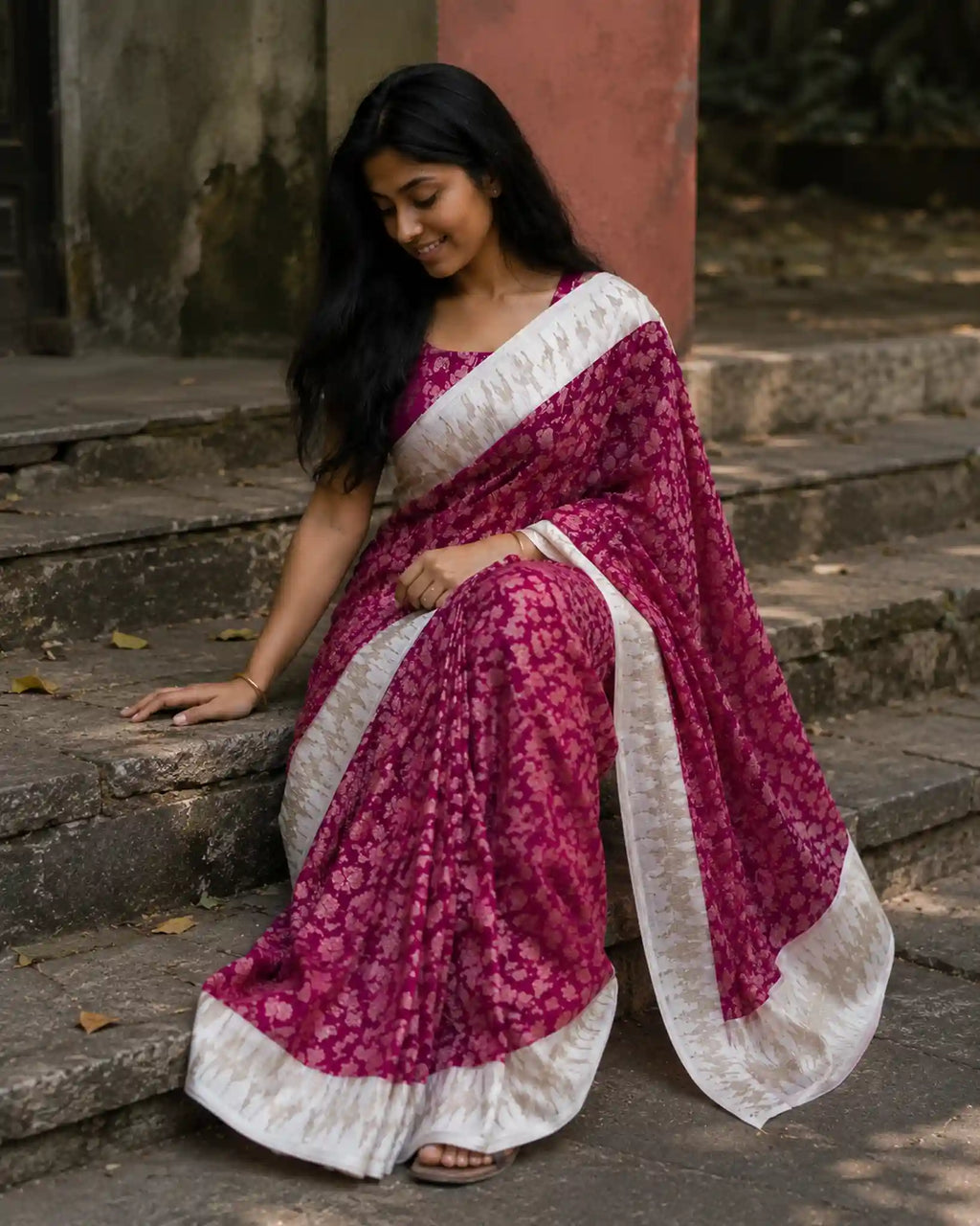 Vanilla White Kota Saree with Zari Border for Festive Wear - Side View | Women Fashion India