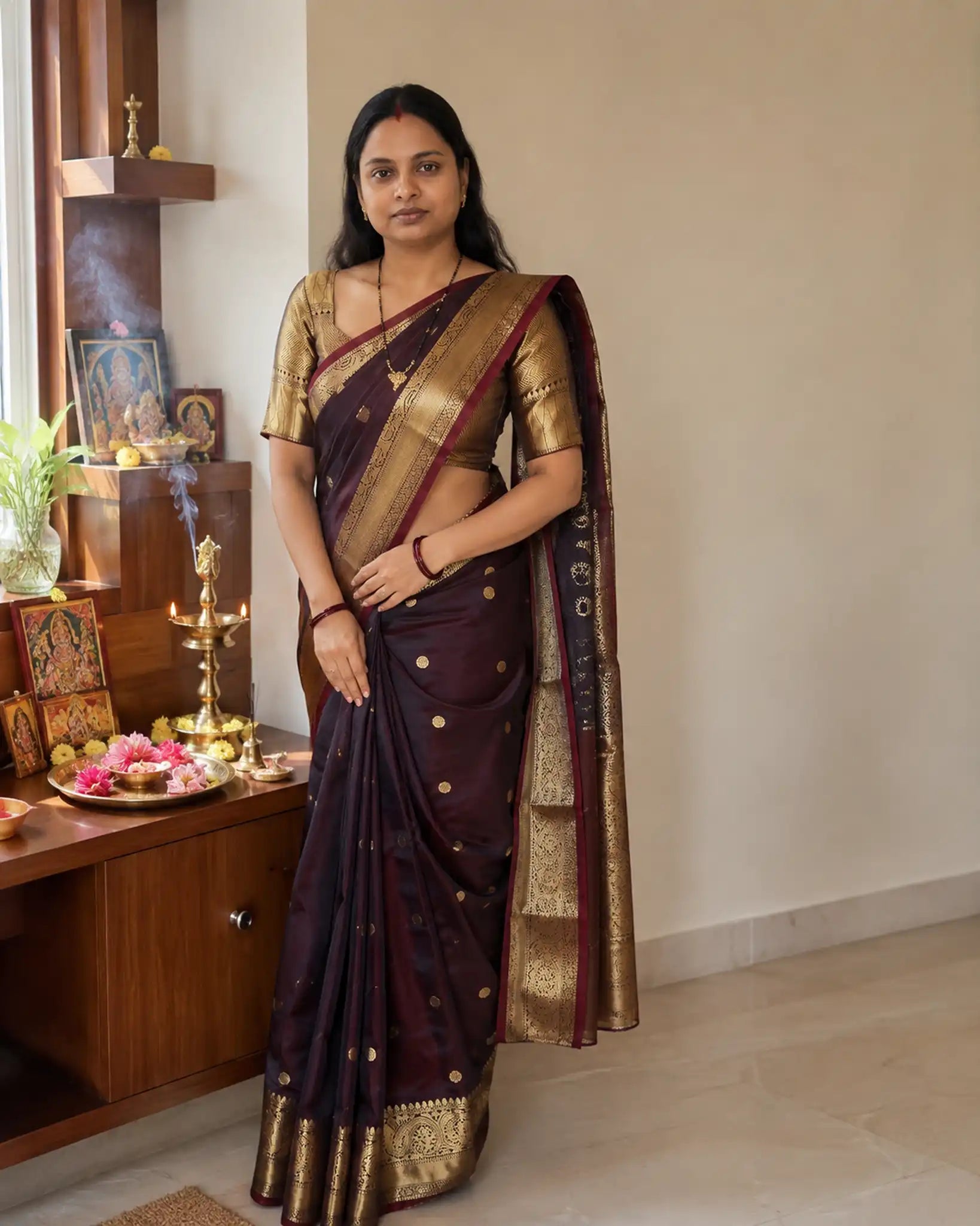 Wine Katan Soft Silk Saree with Gold Zari Border and Blouse - Drape Front | Women Fashion India