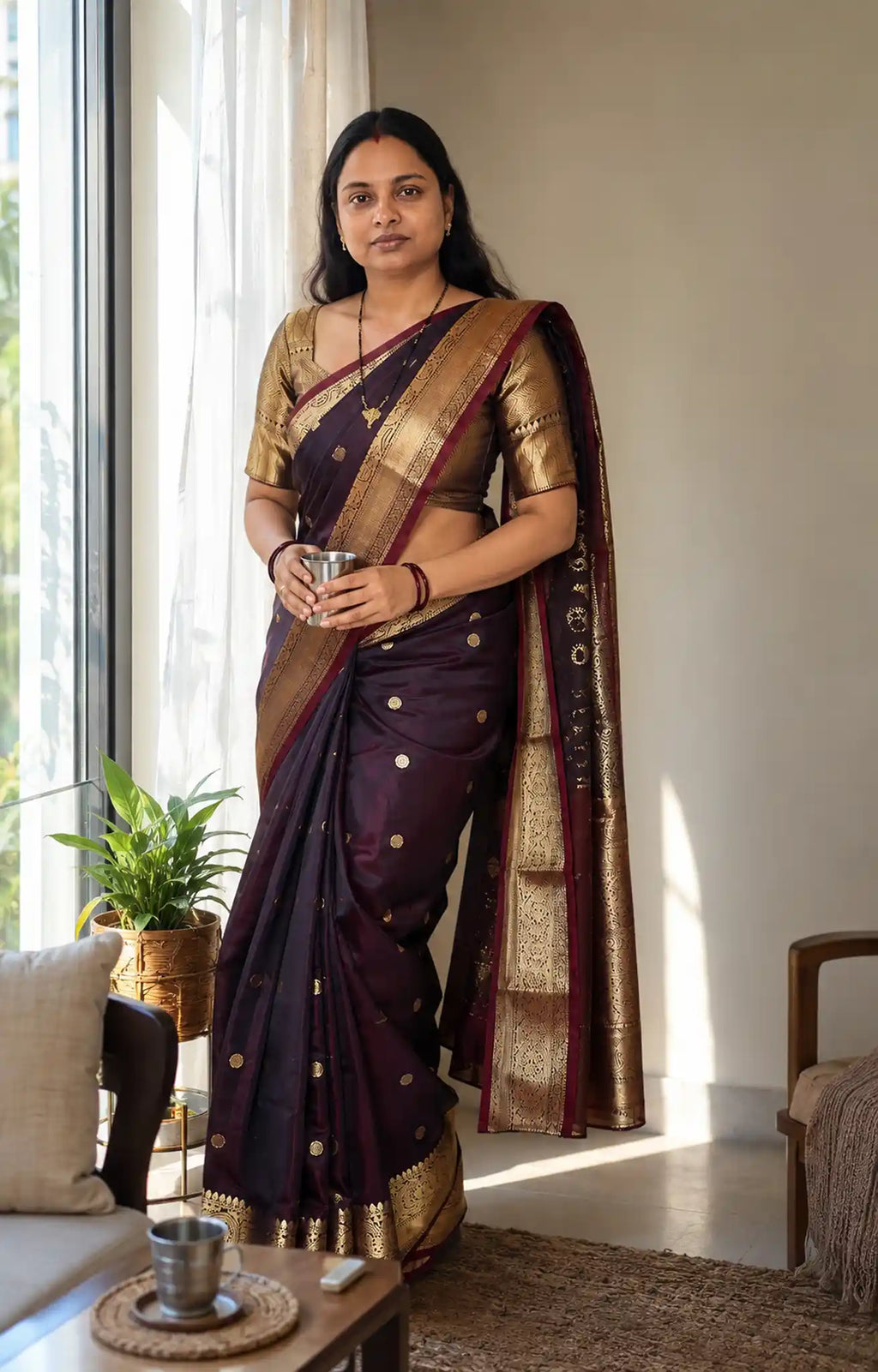Wine Katan Soft Silk Saree with Gold Zari Border and Blouse - Pallu Detail | Women Fashion India