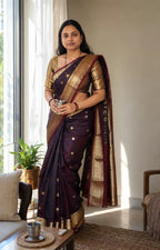 Wine Katan Soft Silk Saree with Gold Zari Border and Blouse - Pallu Detail | Women Fashion India