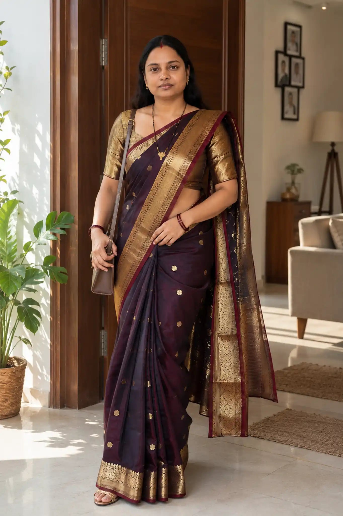 Wine Katan Soft Silk Saree with Gold Zari Border and Blouse - Zari Border | Women Fashion India