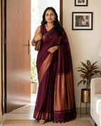 Wine Khadi Cotton Saree with Copper Zari Pallu and Tassels - Copper Border | Women Fashion India