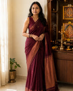 Wine Khadi Cotton Saree with Copper Zari Pallu and Tassels - Full Drape | Women Fashion India