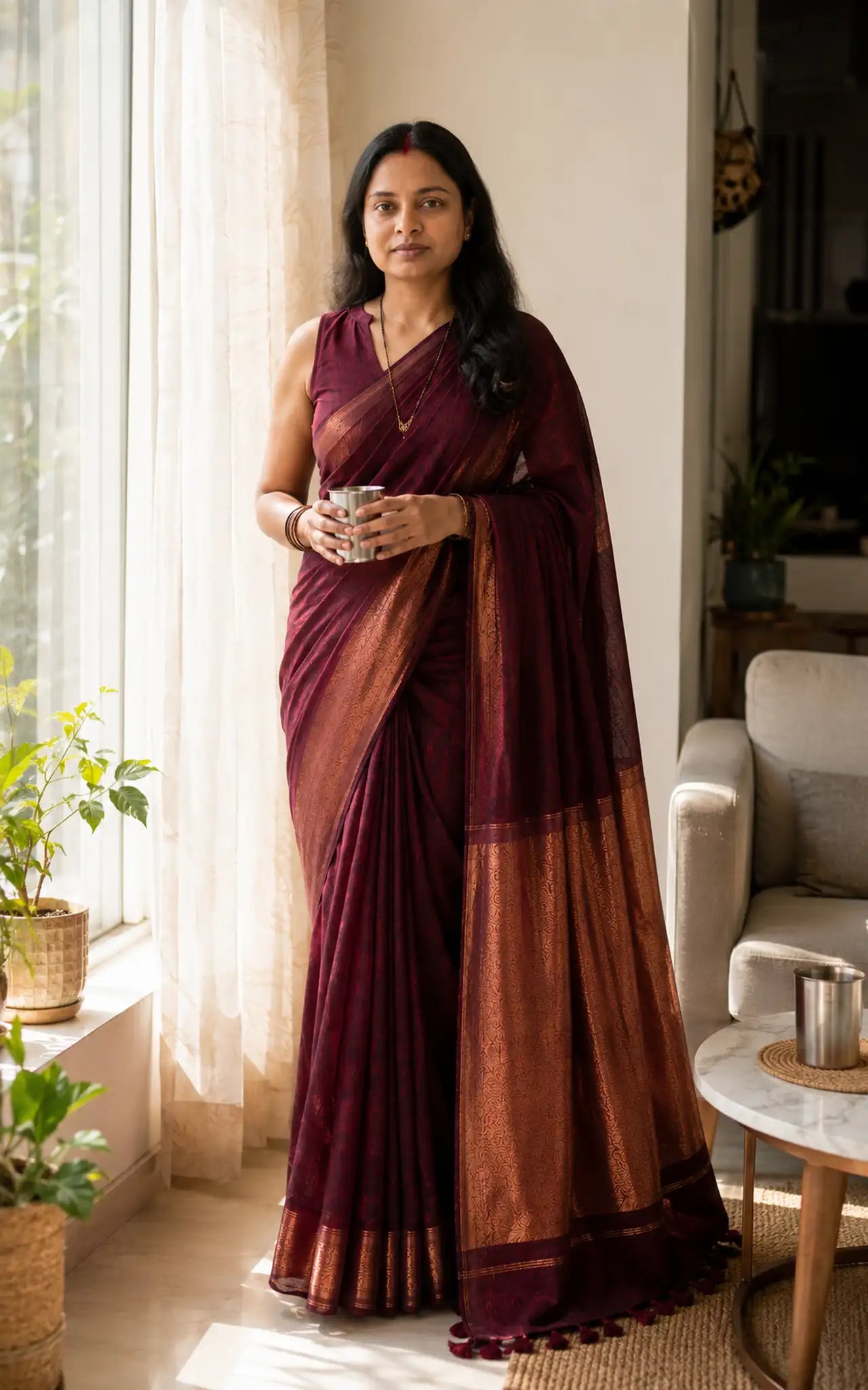 Wine Khadi Cotton Saree with Copper Zari Pallu and Tassels - Pallu Detail | Women Fashion India