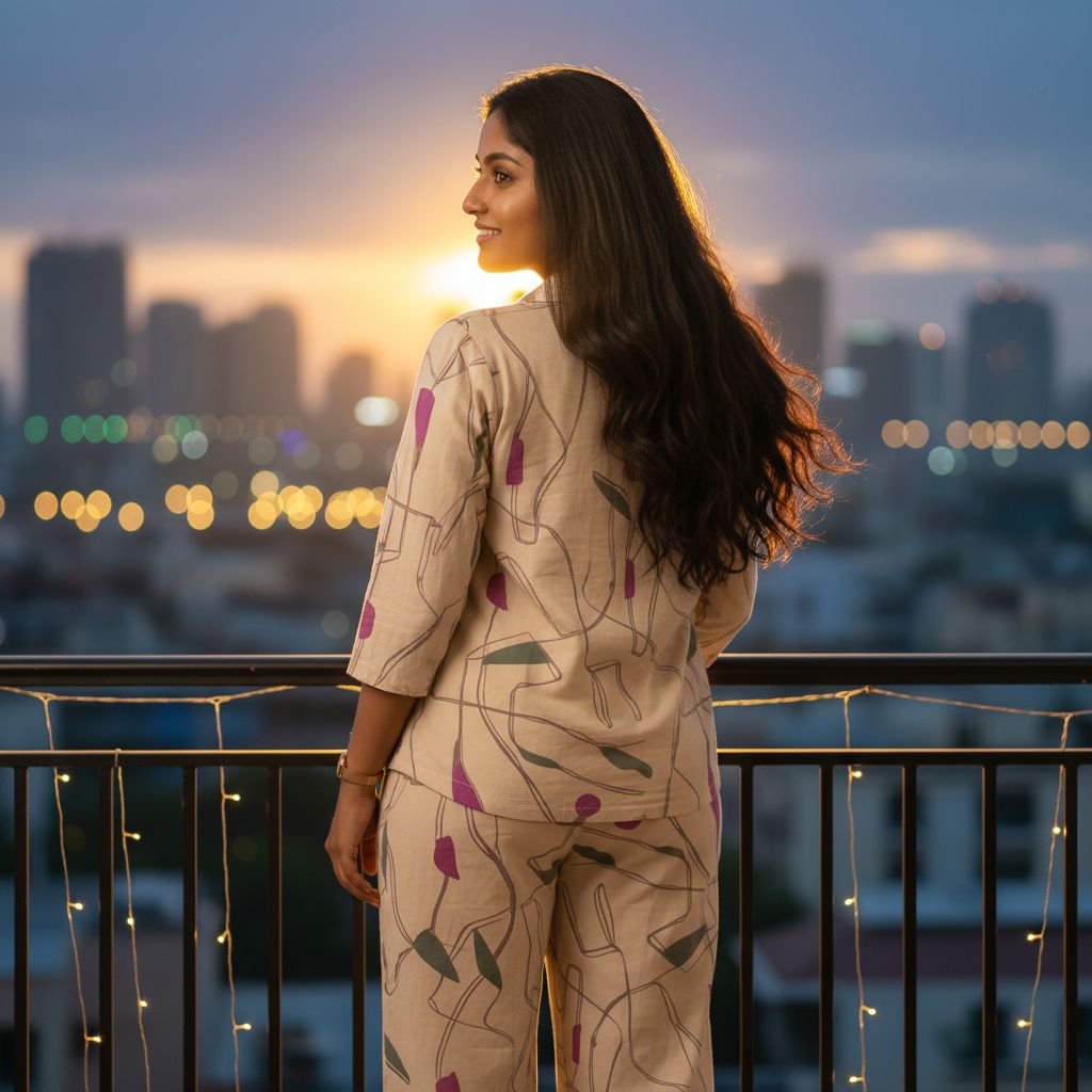 Womens beige floral cotton co-ord set back view – TRESSNY