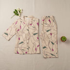 Womens beige floral cotton co-ord set flat lay – TRESSNY
