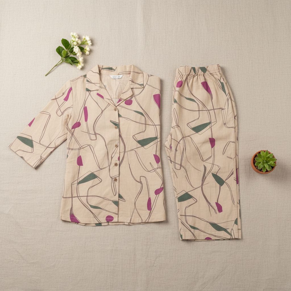 Womens beige floral cotton co-ord set flat lay – TRESSNY