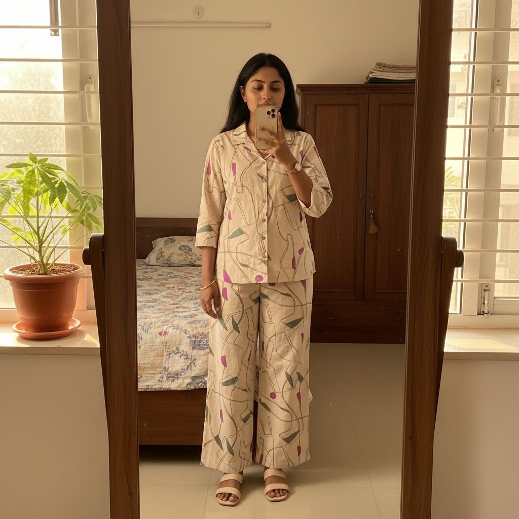 Womens beige floral cotton co-ord set full length – TRESSNY