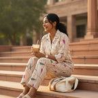 Womens beige floral cotton co-ord set lifestyle sitting – TRESSNY