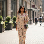 Womens beige floral cotton co-ord set lifestyle walking – TRESSNY