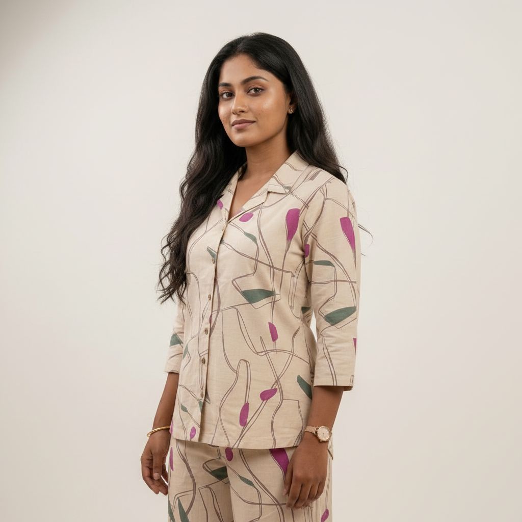 Womens beige floral cotton co-ord set model front – TRESSNY