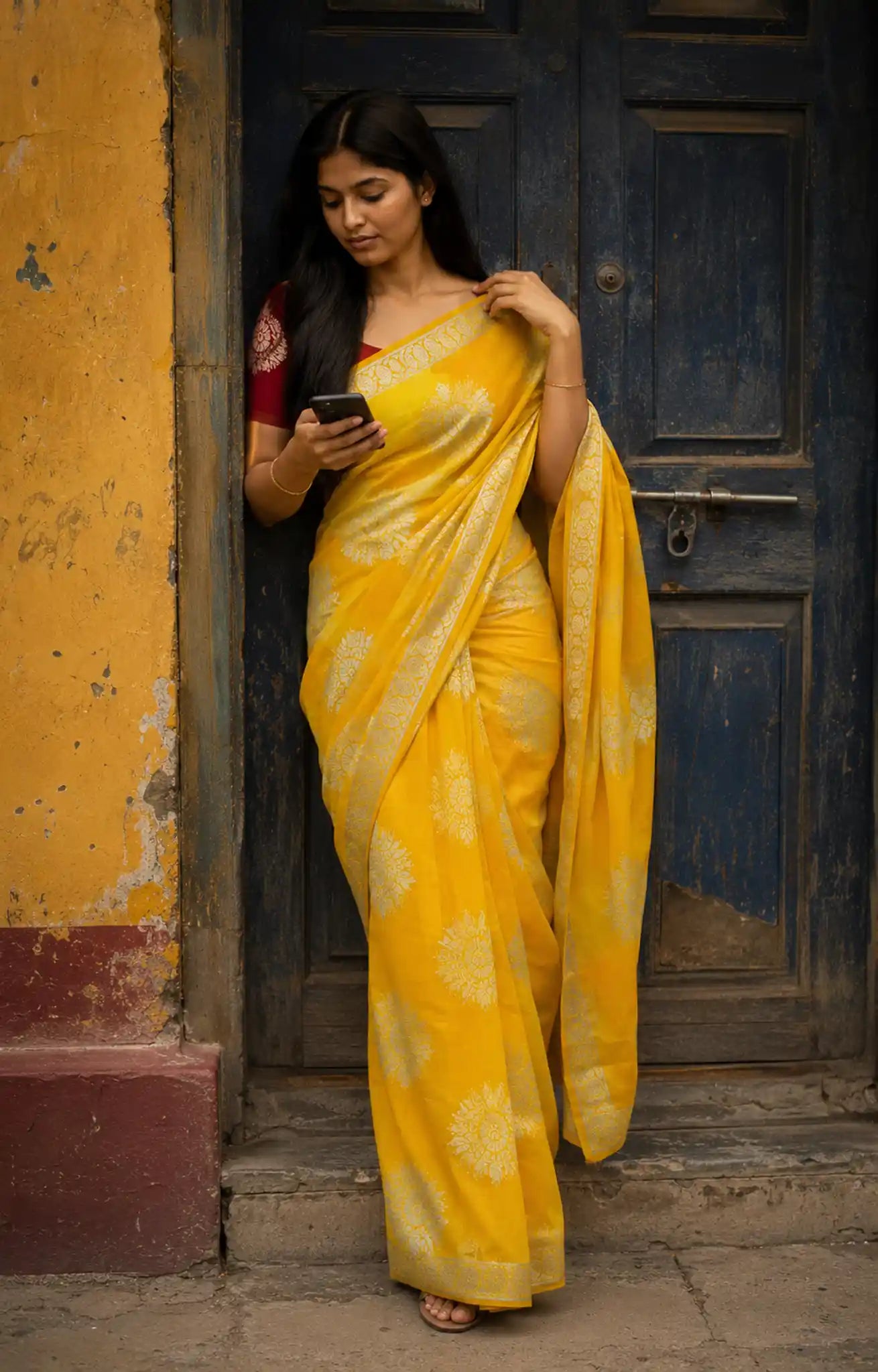 Yellow Zari Butti Saree with Woven Border for Festive Wear - Saree Folded | Women Fashion India