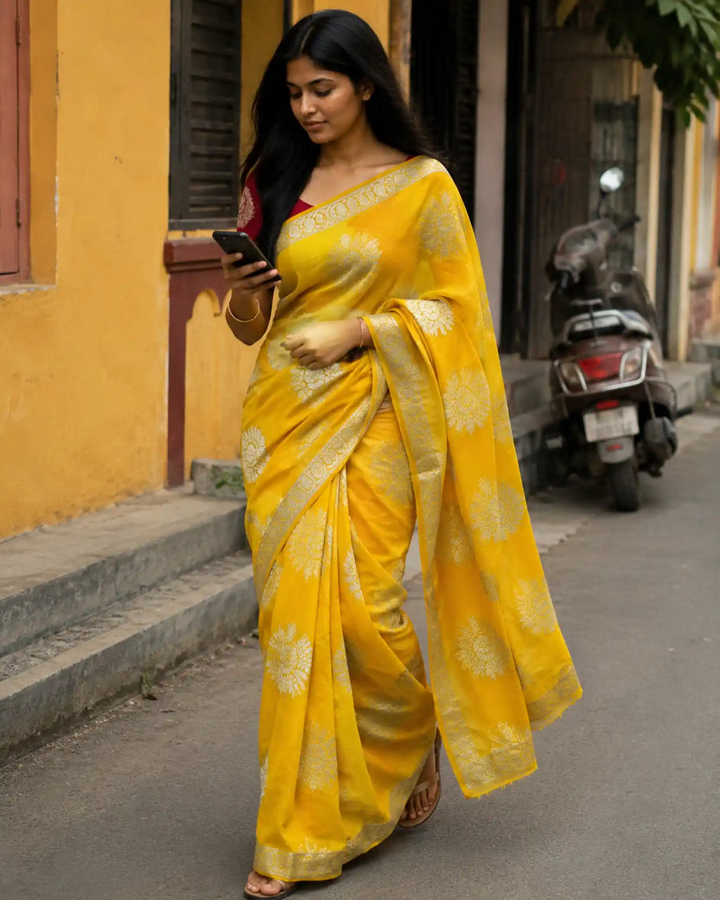 Yellow Zari Butti Saree with Woven Border for Festive Wear - Saree Front | Women Fashion India