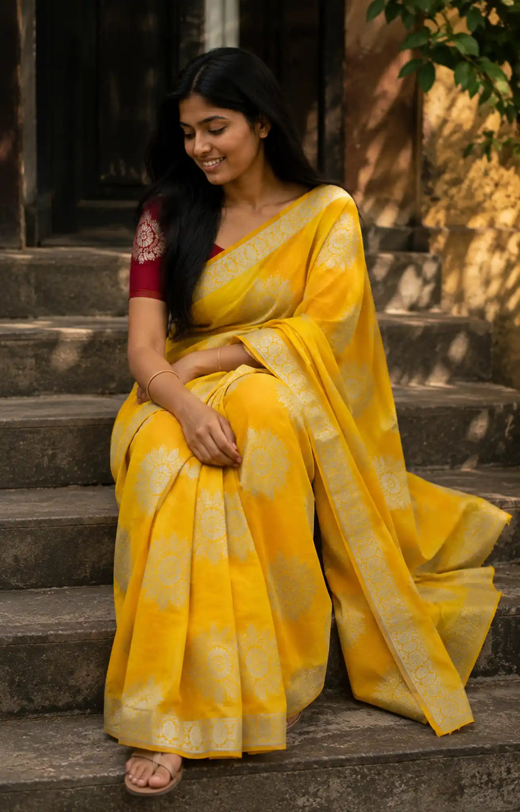 Yellow Zari Butti Saree with Woven Border for Festive Wear - Side View | Women Fashion India