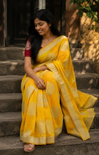 Yellow Zari Butti Saree with Woven Border for Festive Wear - Side View | Women Fashion India